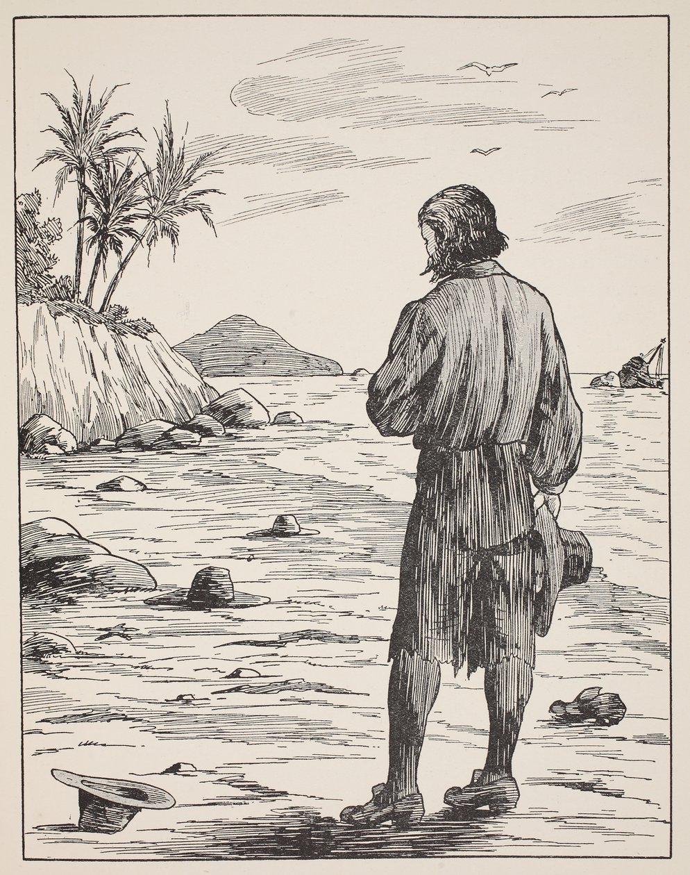 Robinson Crusoe på øya hans, illustrasjon fra The Story of Robinson Crusoe: An adaptation for children following Defoes language, pub. av Griffith Farran Browne & Co. Limited, London av English School