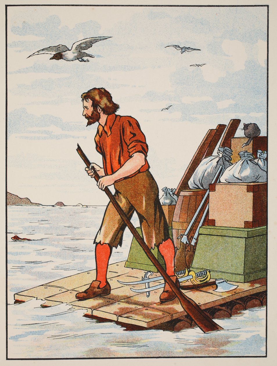 Robinson Crusoe på flåten sin, illustrasjon fra The Story of Robinson Crusoe: An adaptation for children following Defoes language, pub. av Griffith Farran Browne & Co. Limited, London av English School