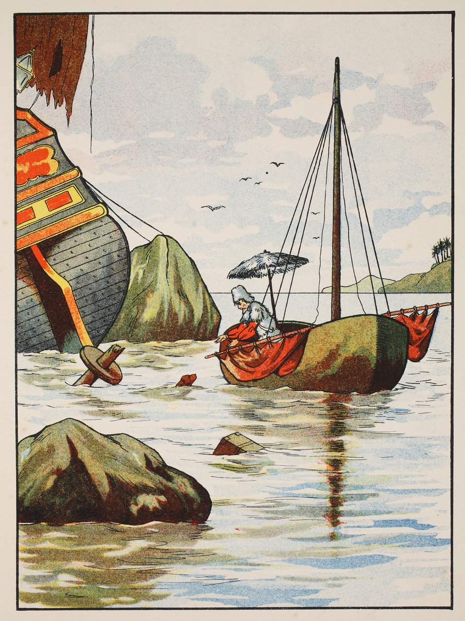 Robinson Crusoe redder en hund fra et spansk forlis, illustrasjon fra The Story of Robinson Crusoe: En tilpasning for barn som følger Defoes-språket, pub. av Griffith Farran Browne & Co. Limi av English School