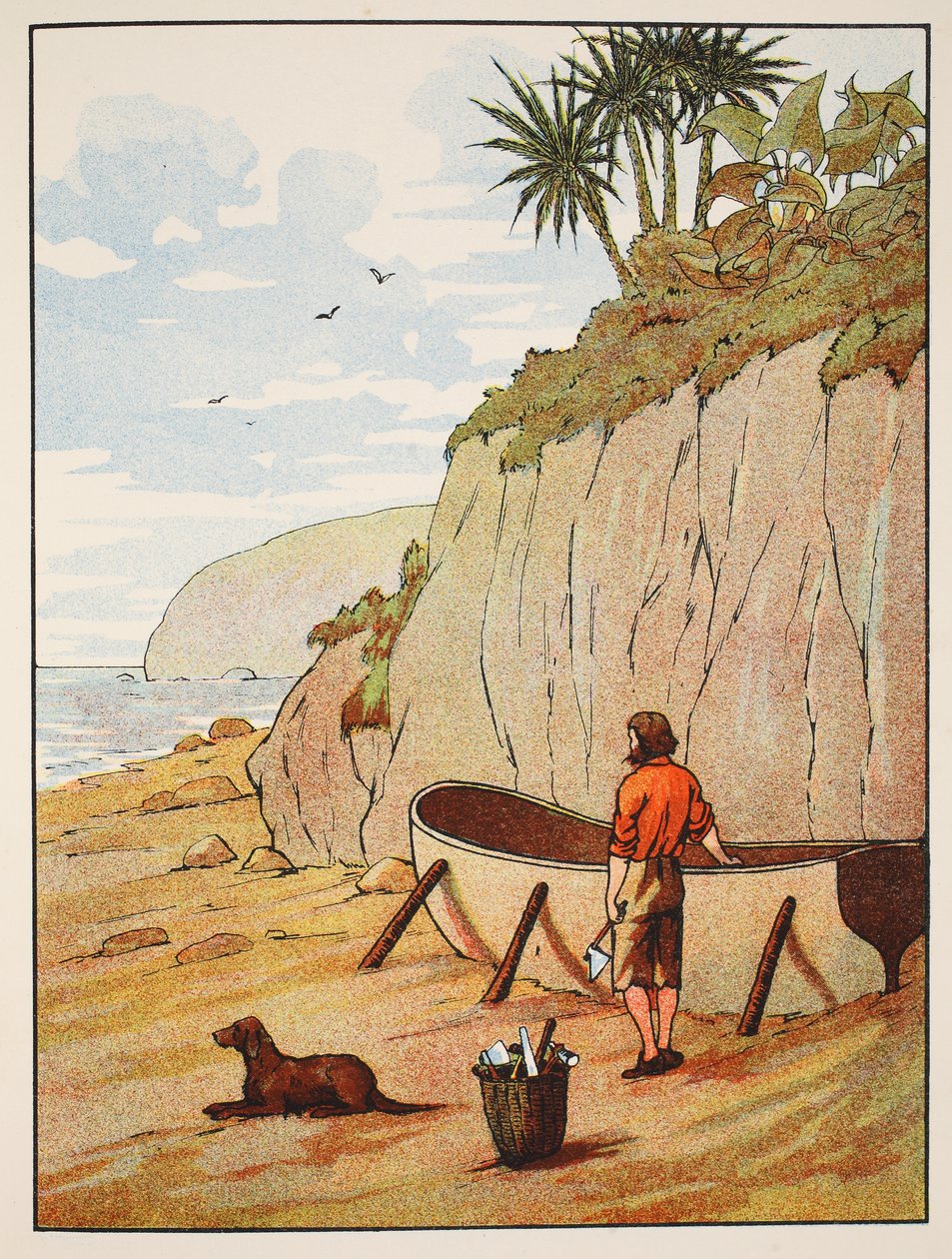 Robinson Crusoes kano, illustrasjon fra The Story of Robinson Crusoe: En tilpasning for barn som følger Defoes-språket, pub. av Griffith Farran Browne & Co. Limited, London av English School
