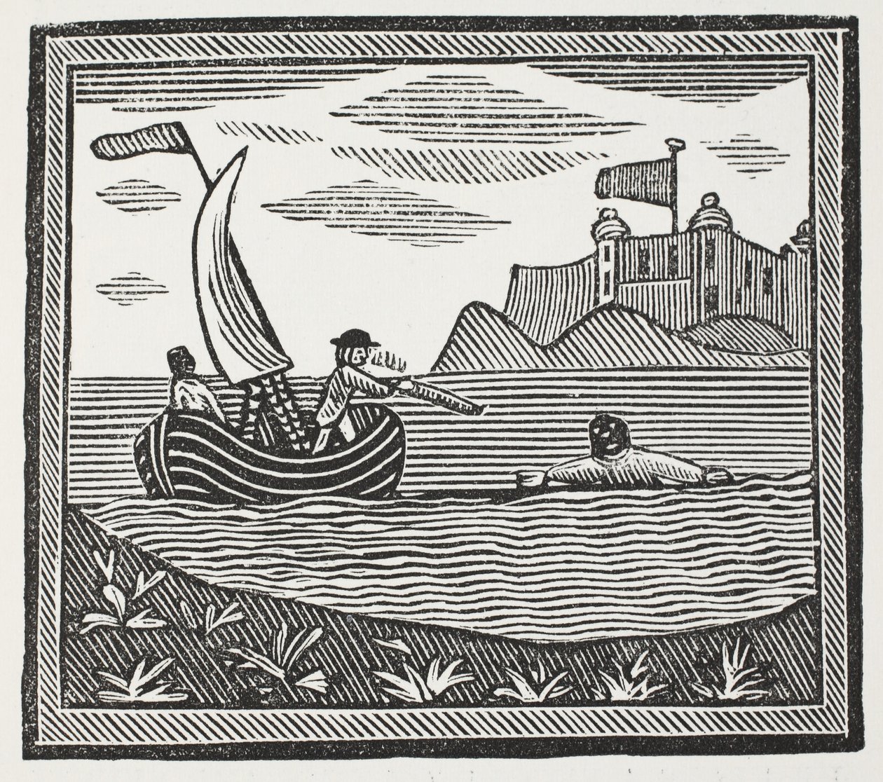 Robinson og Xury rømmer fra myrene, illustrasjon fra Chap-books of the Eighteenth Century av John Ashton, pub. 1882 av English School