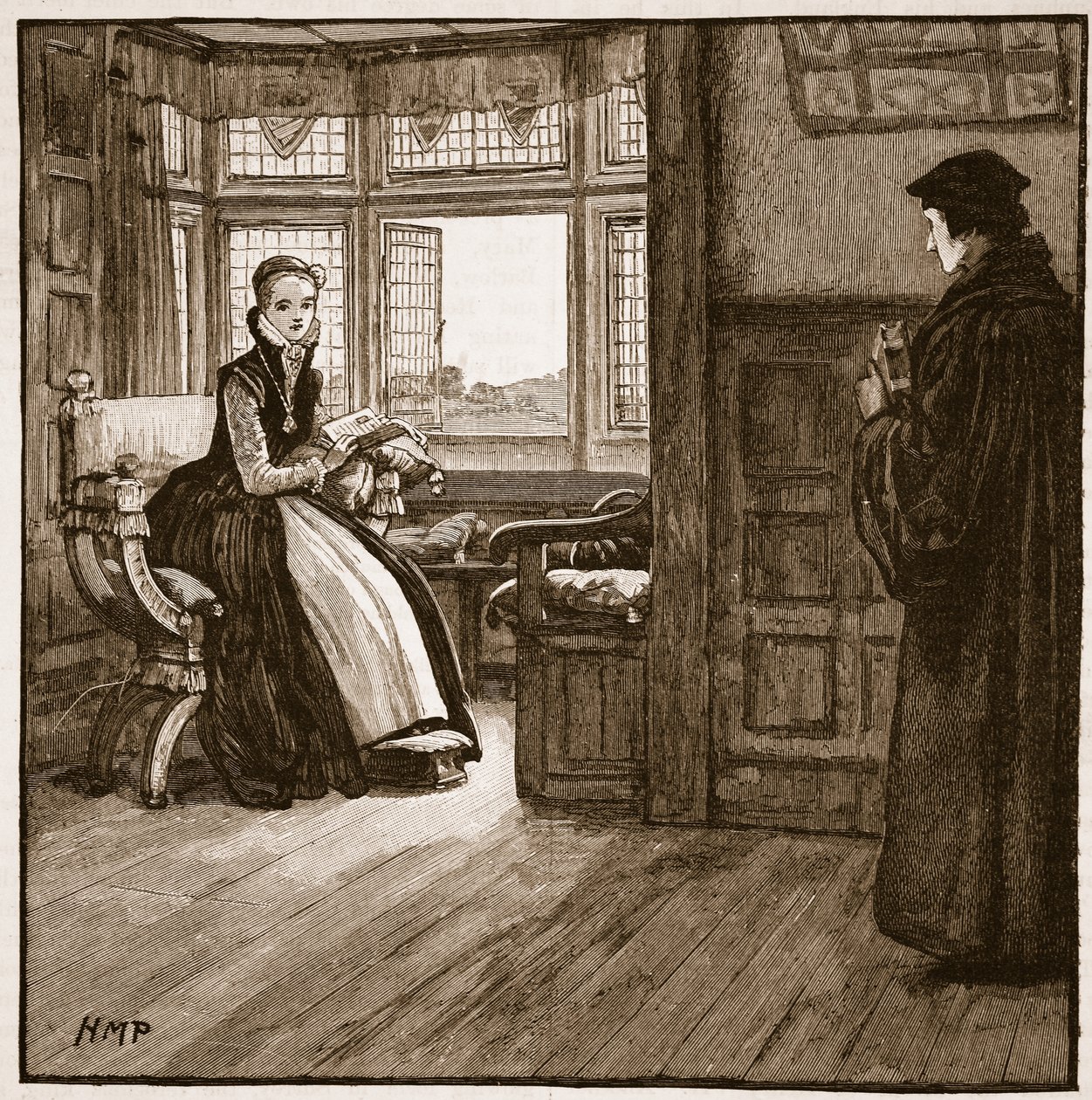 Roger Aschams besøker Lady Jane Grey, illustrasjon fra Cassells Illustrated History of England (sepiafoto) av English School