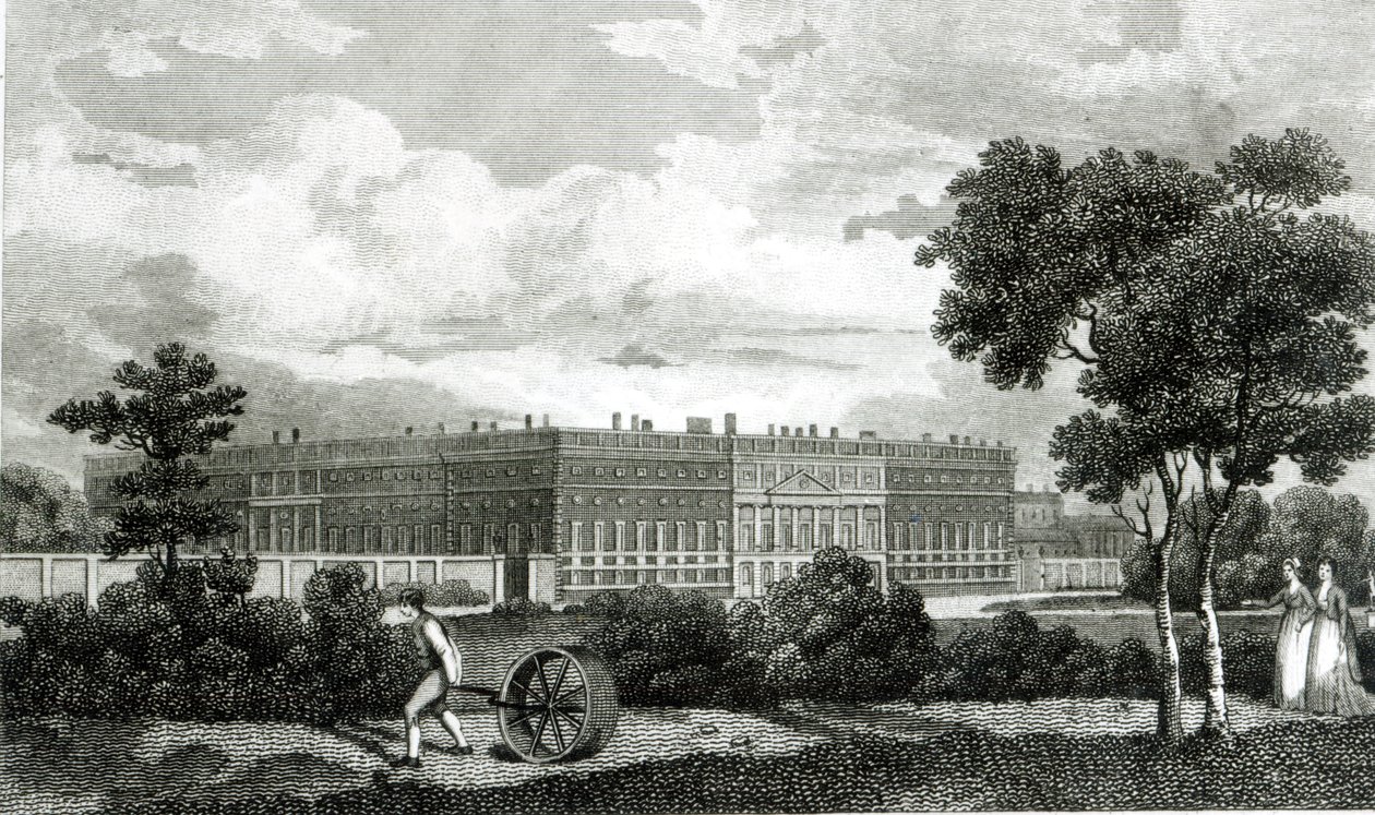 Rolling the Lawns på Hampton Court Palace, 7. mars 1807 av English School