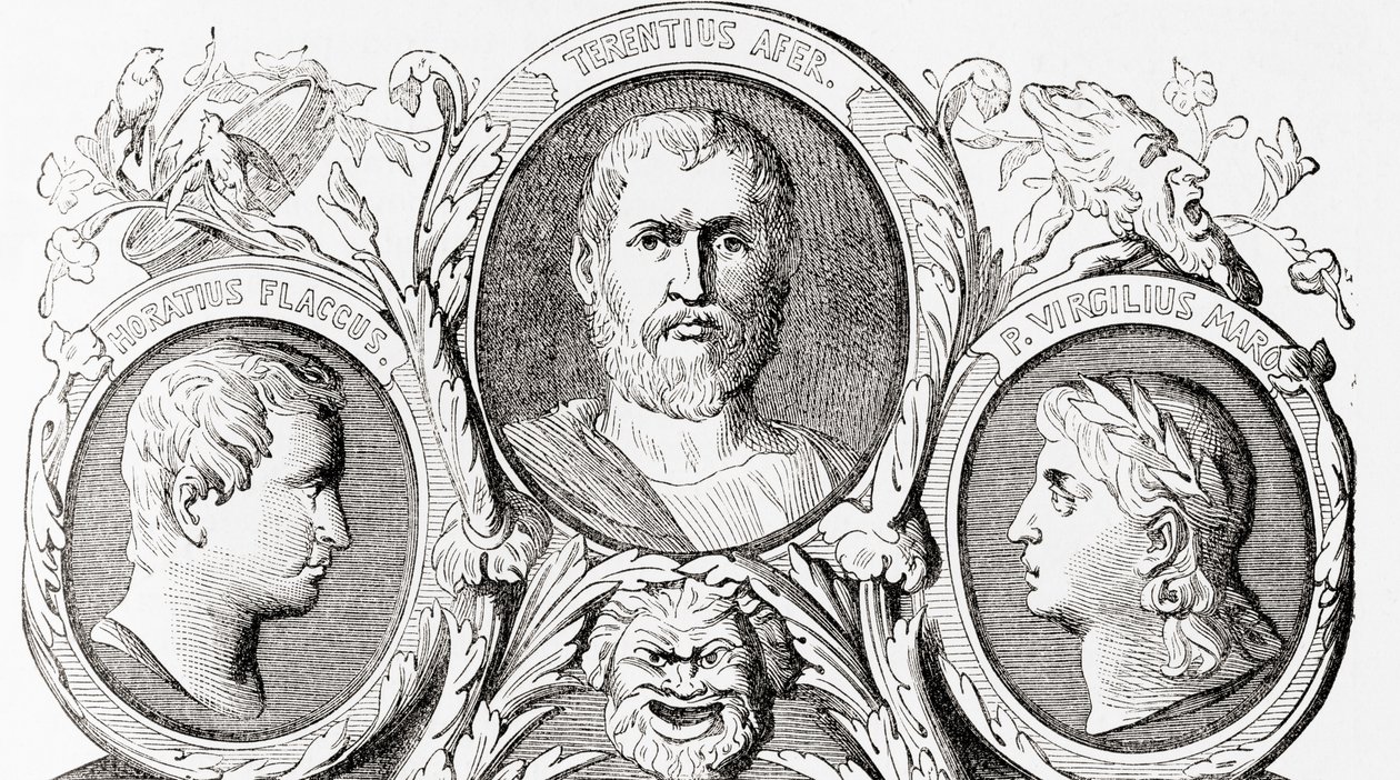 Romerske forfattere, fra venstre til høyre, Horace, Terence og Virgil, fra Ward og Locks Illustrated History of the World, pub. ca. 1882 av English School