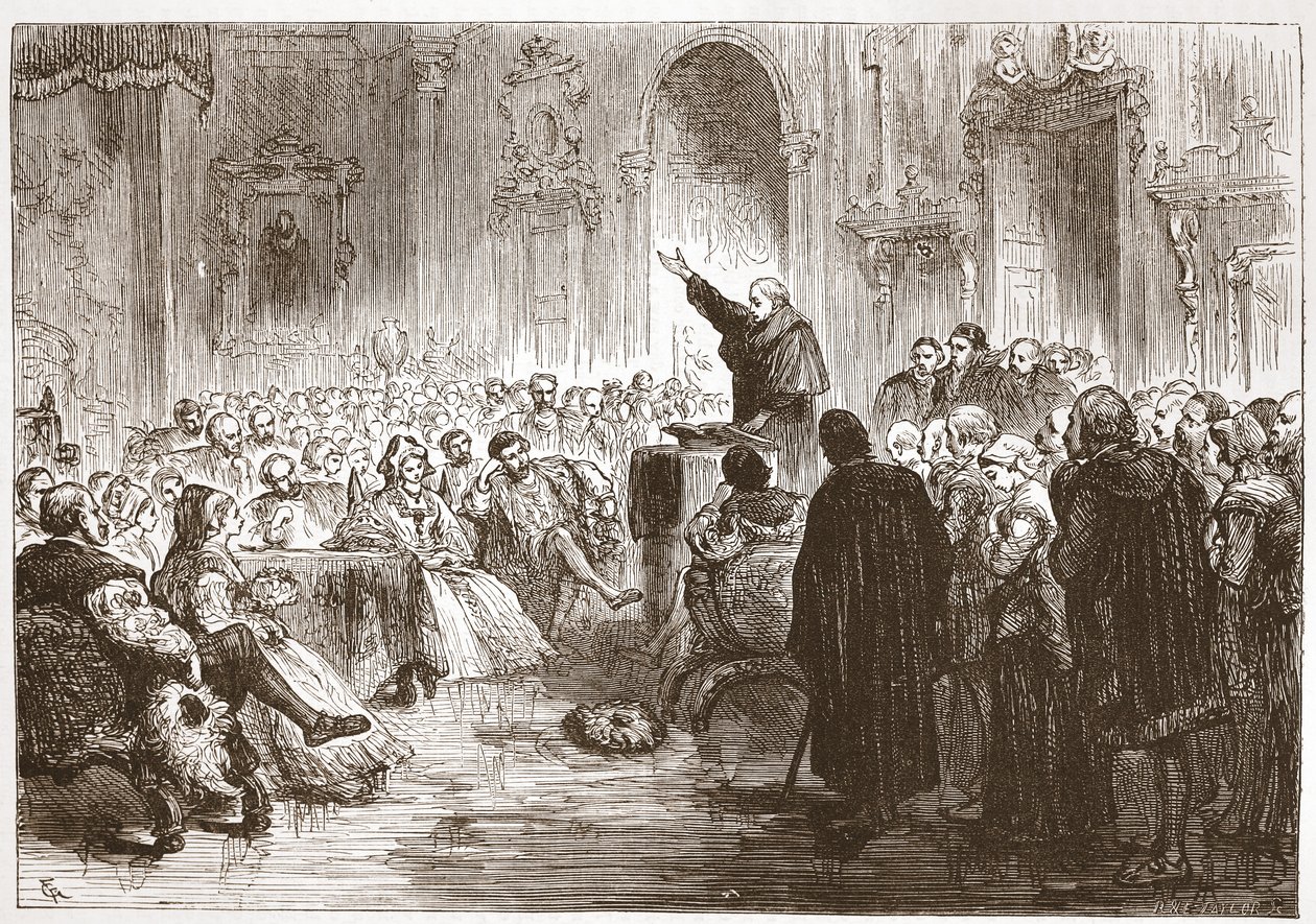 Roussel forkynner i Louvre, illustrasjon fra The History of Protestantism av James Aitken Wylie (1808-1890), pub. 1878 av English School
