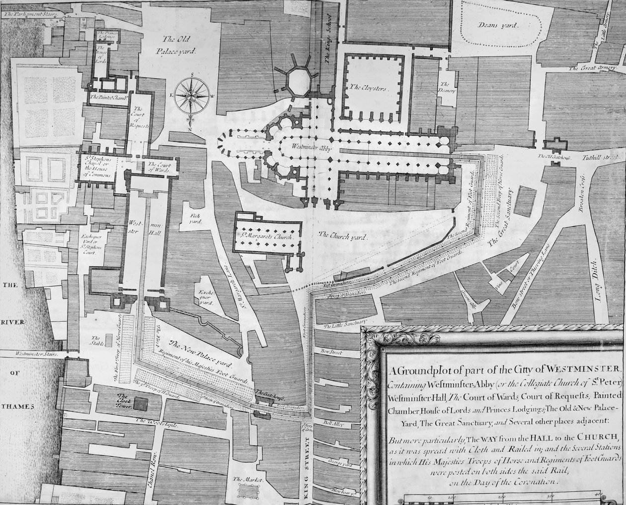 Rute for James IIs kroningsprosesjon fra Westminster Hall til Westminster Abbey av English School