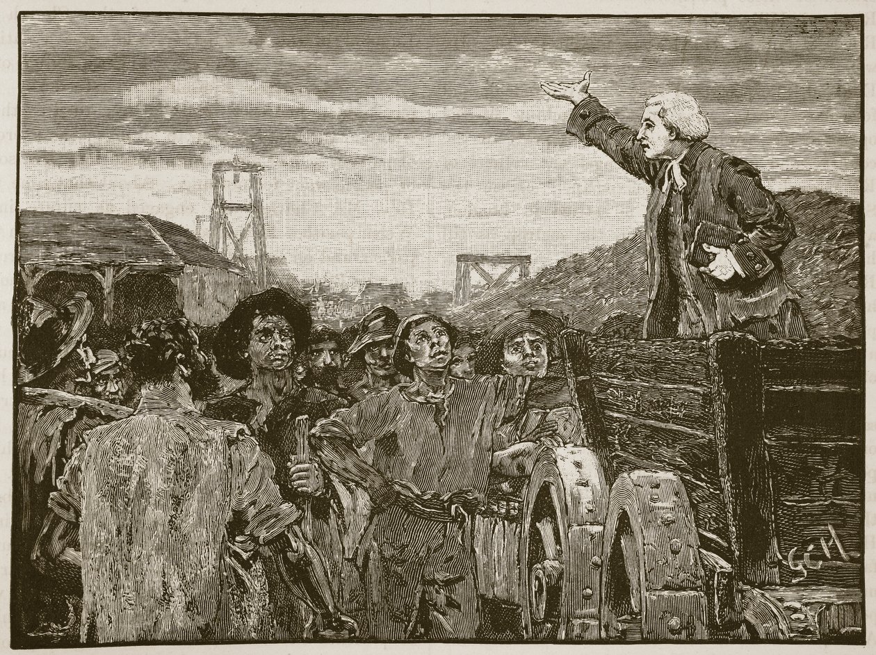 Rowland Hill forkynner for collierne i Kingswood, illustrasjon fra Cassells Illustrated History of England (sepiafoto) av English School