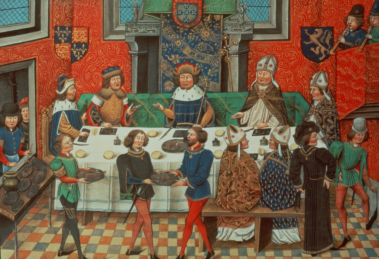 Roy 14 E IV f.244v Duke of Lancaster spiser middag med kongen av Portugal, fra Vol. III "Fra kroningen av Richard II til 1387", av Jean de Batard Wavrin av English School