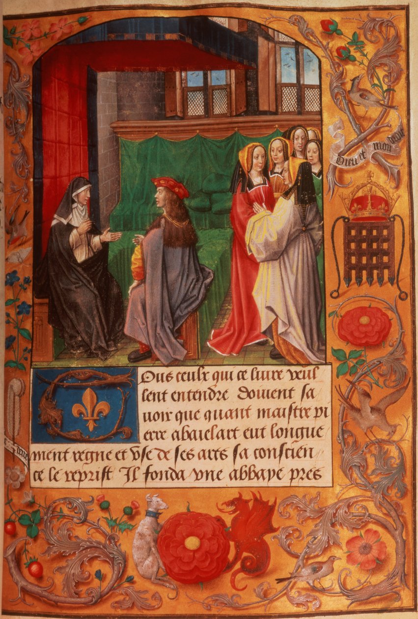 Roy 16 F II f.137 Abbedisse og eleven hennes omgitt av en gruppe damer som lytter, fra 