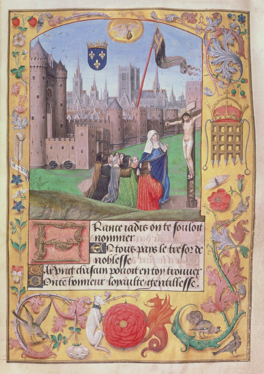 Roy 16 F II f.89 Notre Dame, Paris viser armene grepet, Jomfruen nedenfor beskytter ni skikkelser som kneler før korsfestelsen, fra Poems of Charles, Duke of Orleans, ca. 1500 (vellum) av English School