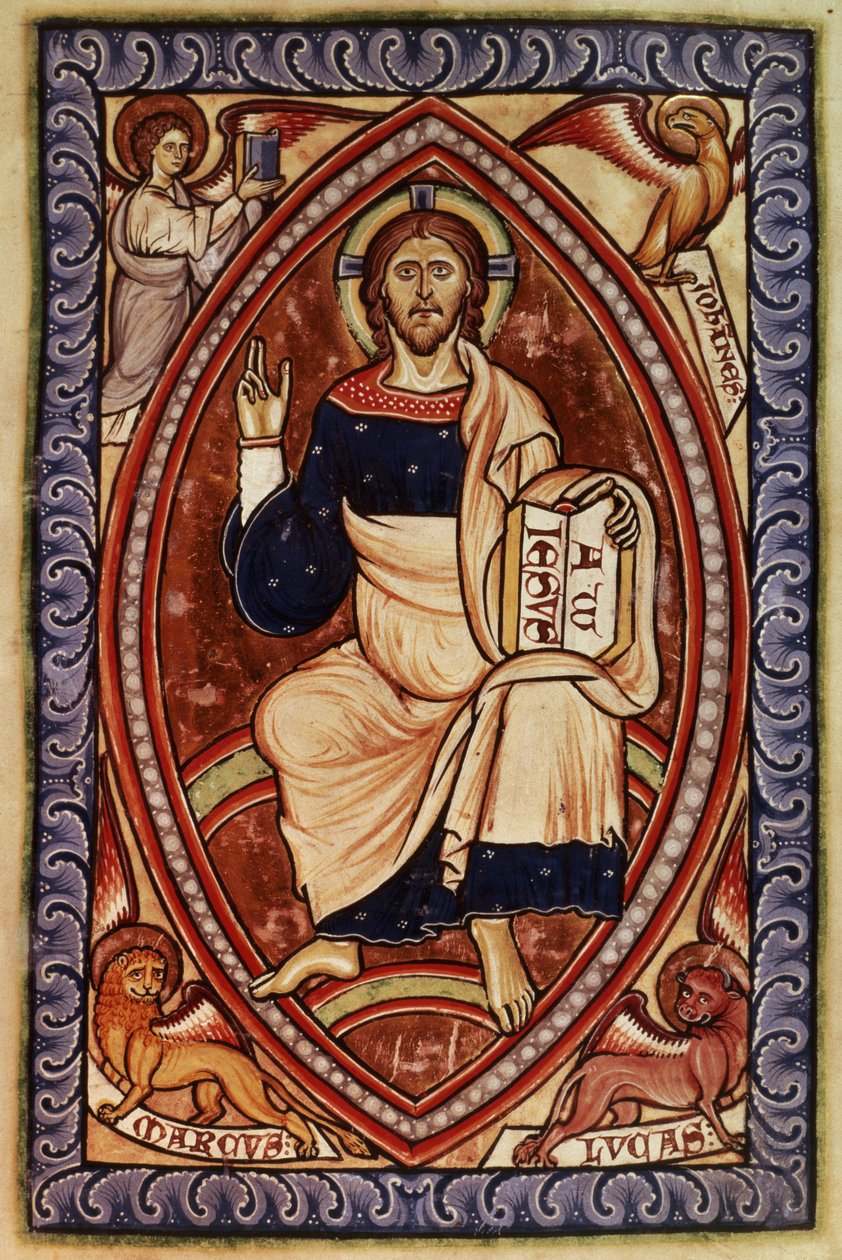 Roy 2 A XXII f.14 Kristus i majestet med symboler for evangelistene, fra Westminster Psalter, ca. 1250 (vellum) av English School