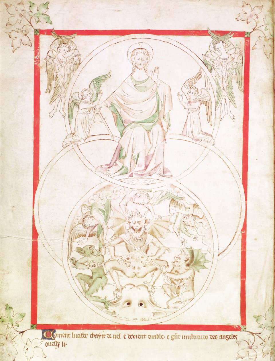 Roy 2 B VII f.1v Lucifers fall, fra Queen Mary Psalter, c.1310-20 (vellum) av English School