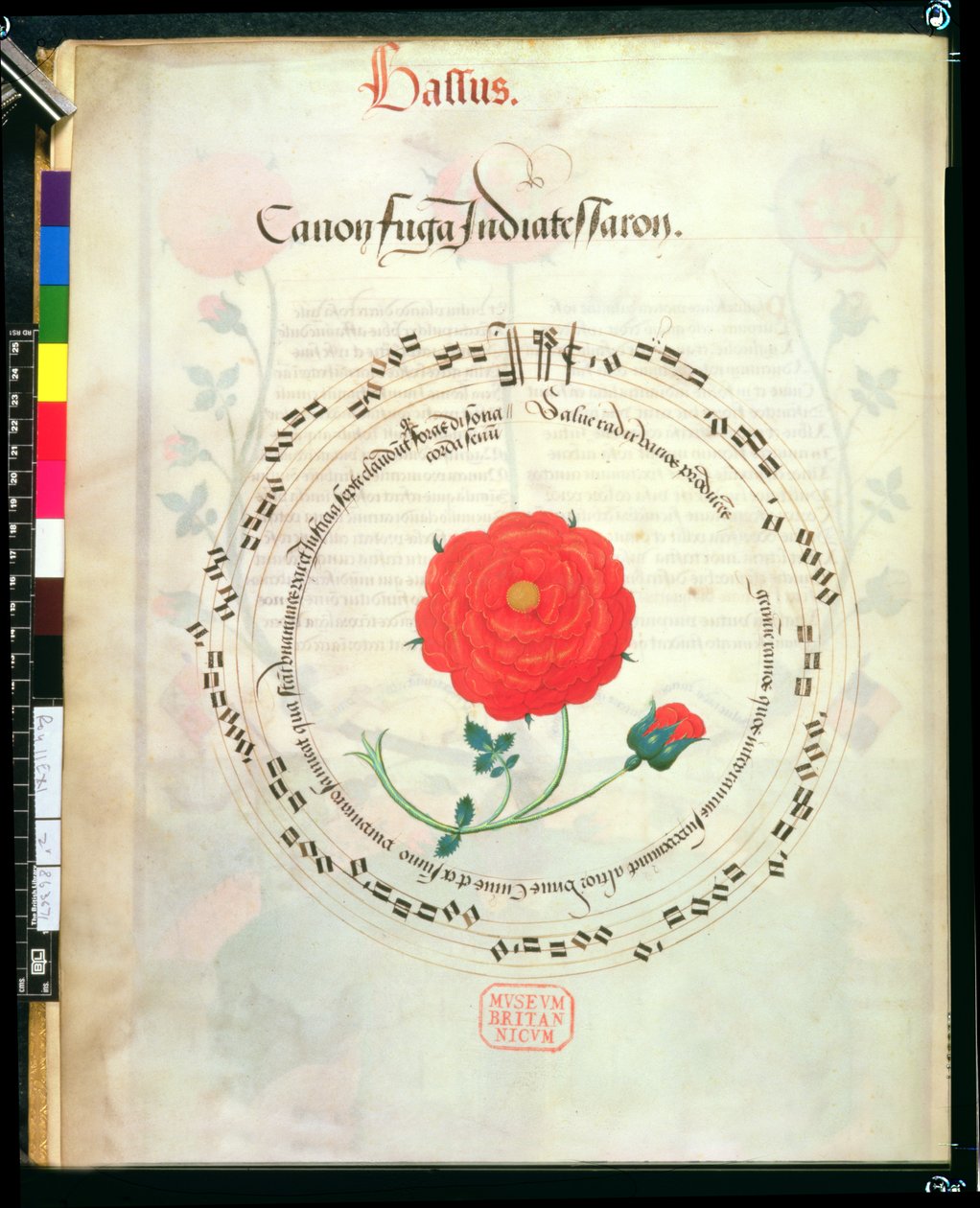 Roy II E XI f.2v Canon, med sirkulære staver og rose i midten, fra motetter av Richard Sampson (vellum) av English School