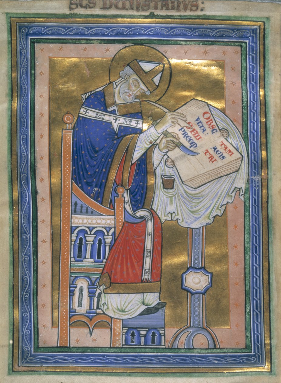 Royal 10 A. XIII, f.2v Dunstan skriver Benedictine Rule, illustrasjon fra 