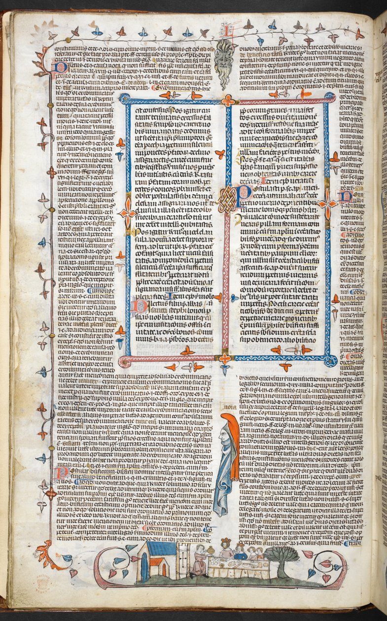 Royal 10 E. IV, f.250v Tekst med kantdekor og en King Dining, illustrasjon fra 