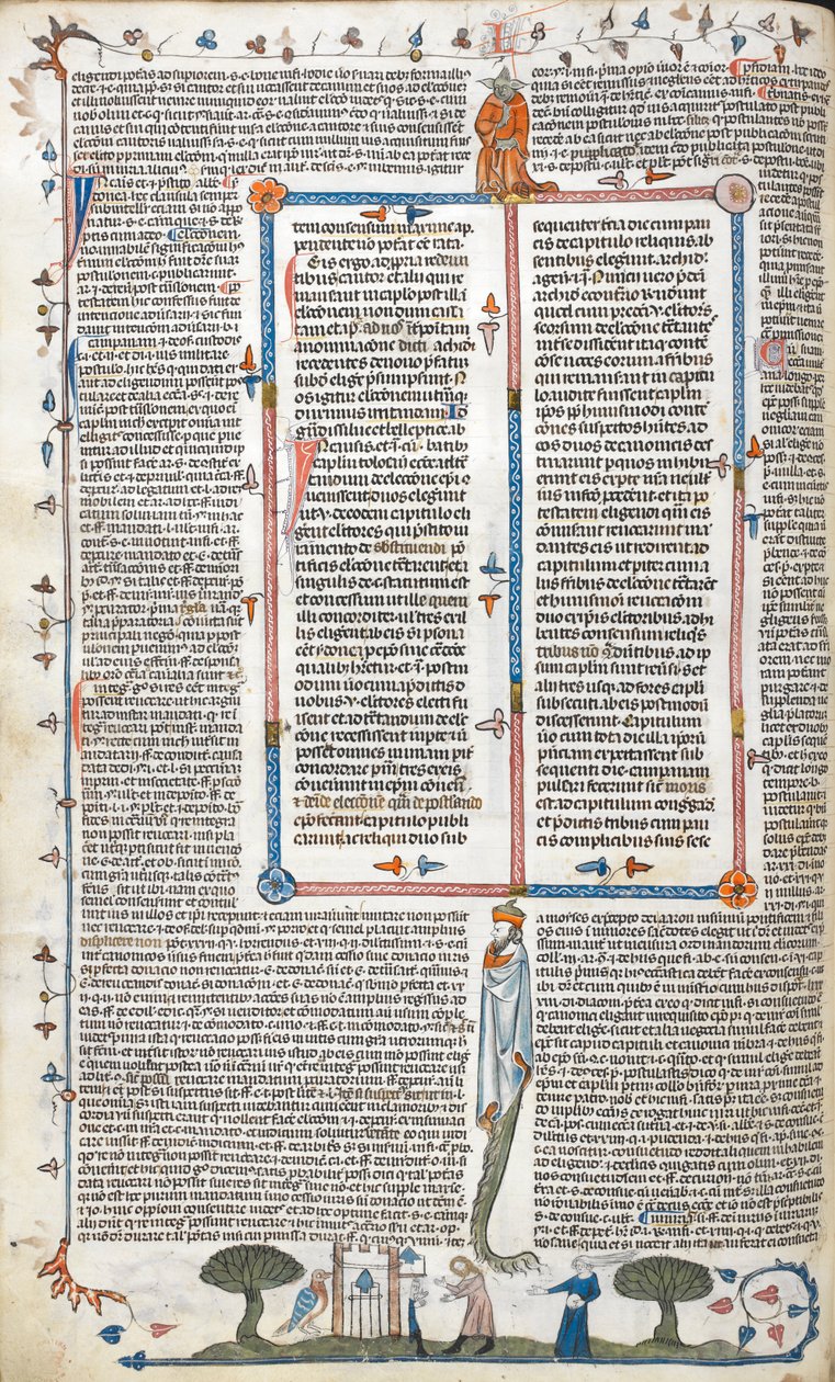 Royal 10 E. IV, f.30v, Tekst og bas-de-side scene av en mann og en kvinne utenfor en bygning, fra 