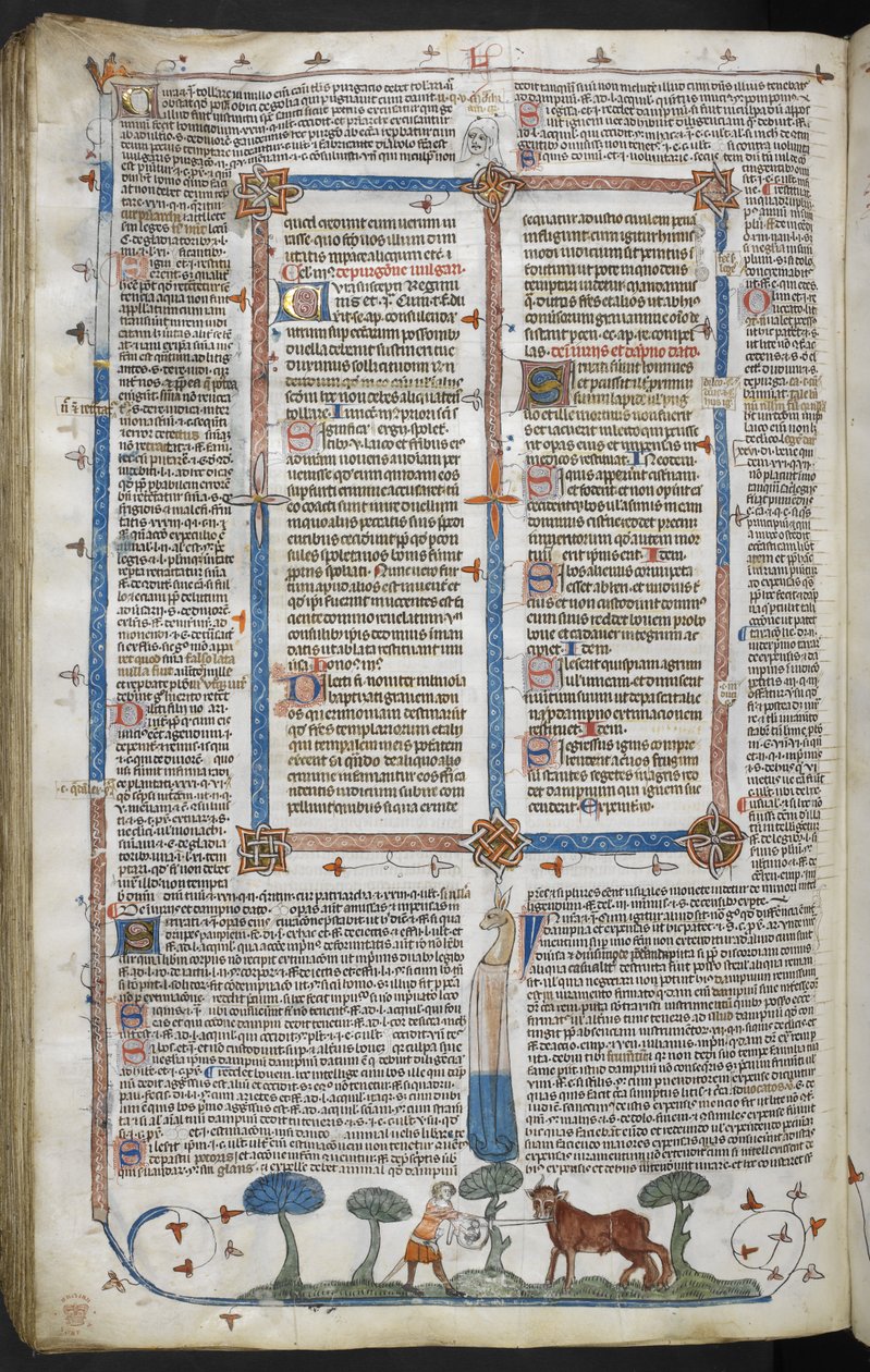 Kongelig 10 E IV fol. 294v Mann som angriper en okse, fra Smithfield Decretals (Decretals of Gregory IX) c.1340 (vellum) av English School