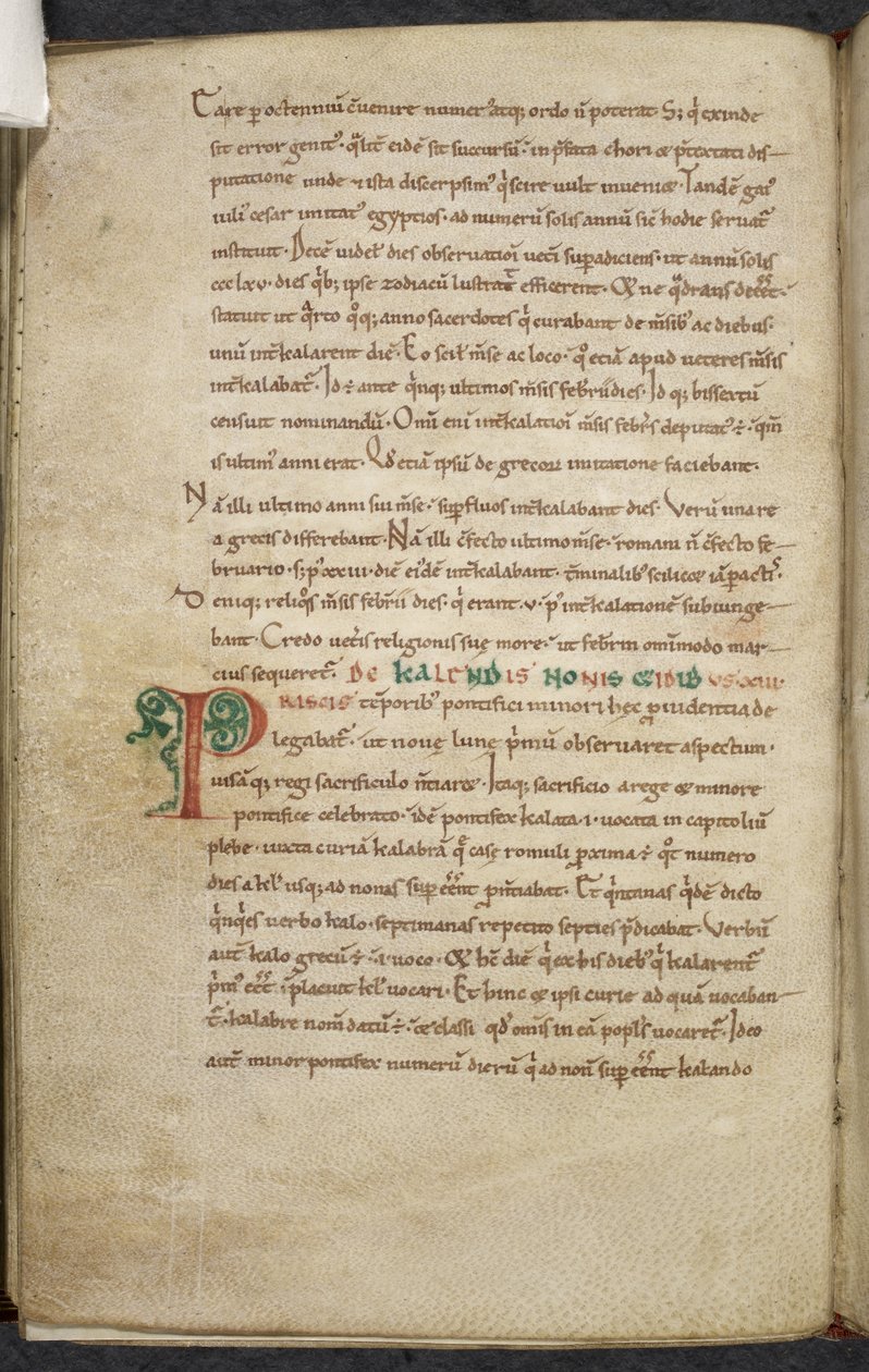 Royal 13. A.XI, f.47vInitial P.De temporum ratione.Bede den ærverdige.Diverse verk om databehandling og astronomi.1000-1100-tallet av English School