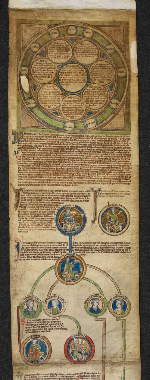 Royal 14 B. VI, Membrane 1, The Heptarchy and the Royal Genealogy, from Egbert to Alfred, illustrasjon fra 'Genealogical roll of the kings of England', ca.1300-40 (vellum) av English School