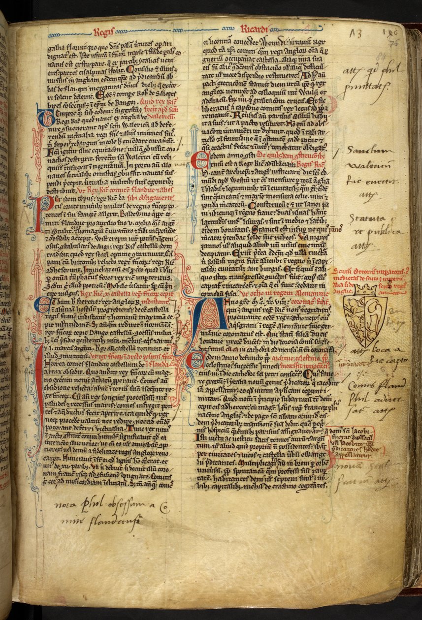 Royal 14 C.VII ff.86v Kantdekorasjon med våpenskjold av Richard Løvehjerte, illustrasjon fra 