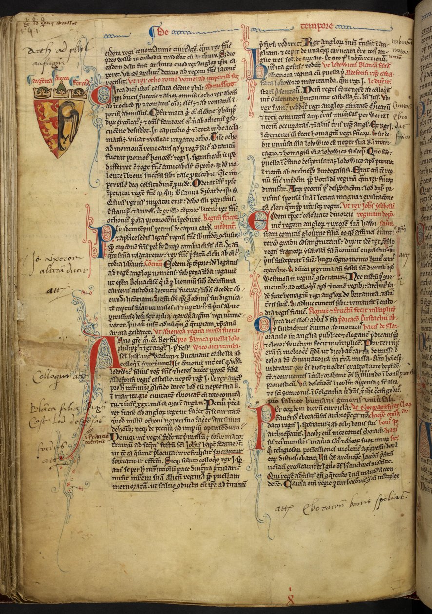 Royal 14 C.VII ff.86v Kantdekorasjon med våpenskjold av Richard Løvehjerte, illustrasjon fra 