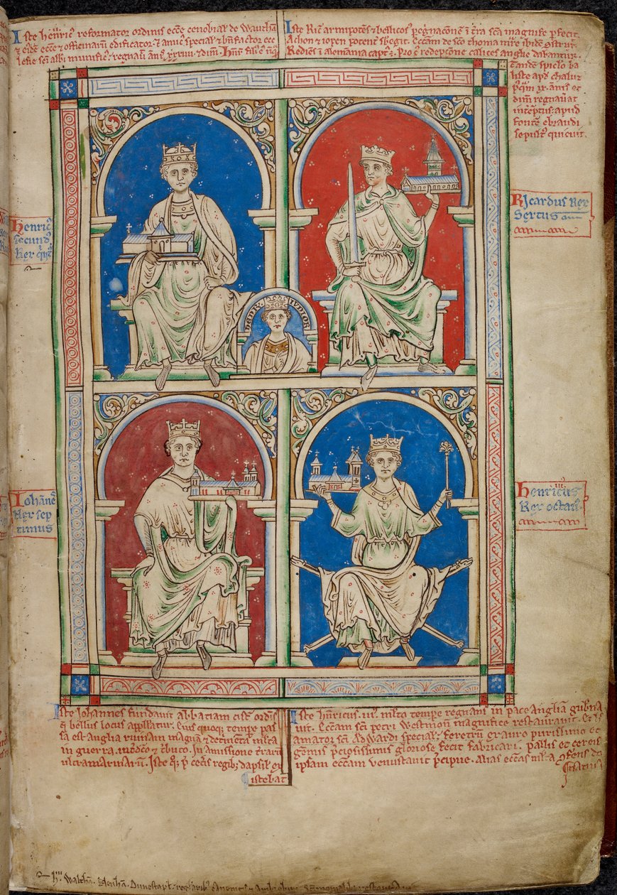 Royal 14 C. VII, f.9 Four Kings of England: Henry II, Richard I, John and Henry III with Westminster Abbey, fra 