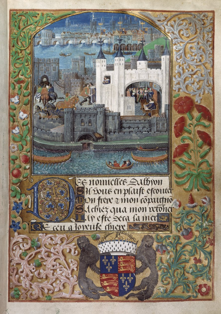 Royal 16 F. II, f.73 The Tower of London, med London Bridge bak. Charles, hertug av Orleans, sett skrivende, stå ved et vindu og sende ut et brev på gårdsplassen av English School