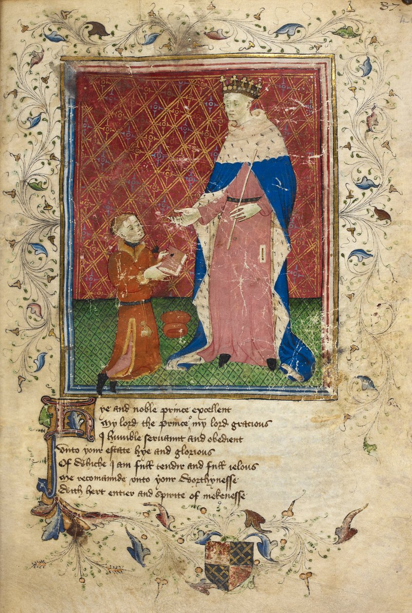 Royal 17 D. VI, f.40 Presentasjonsscene med Thomas Hoccleve i ferd med å tilby sin bok til Henry V (vellum) av English School