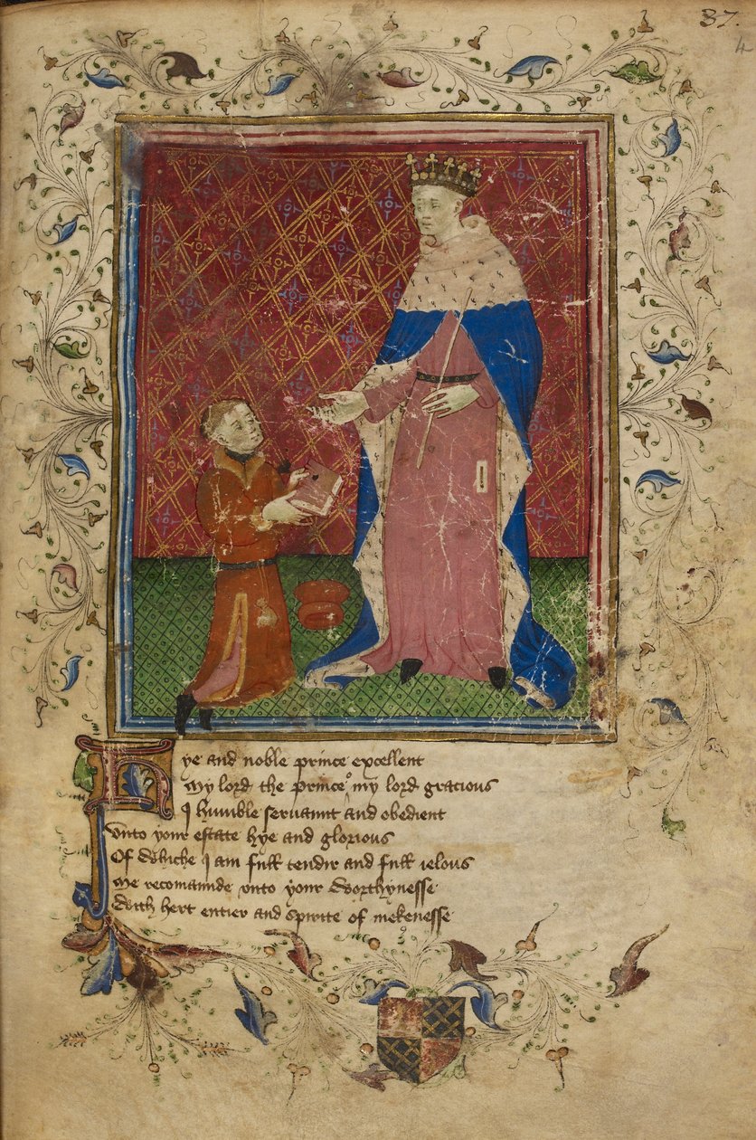 Royal 17 D. VI, f.40 Thomas Hoccleve kneler i ferd med å tilby sin bok til kong Henry V, illustrasjon fra 