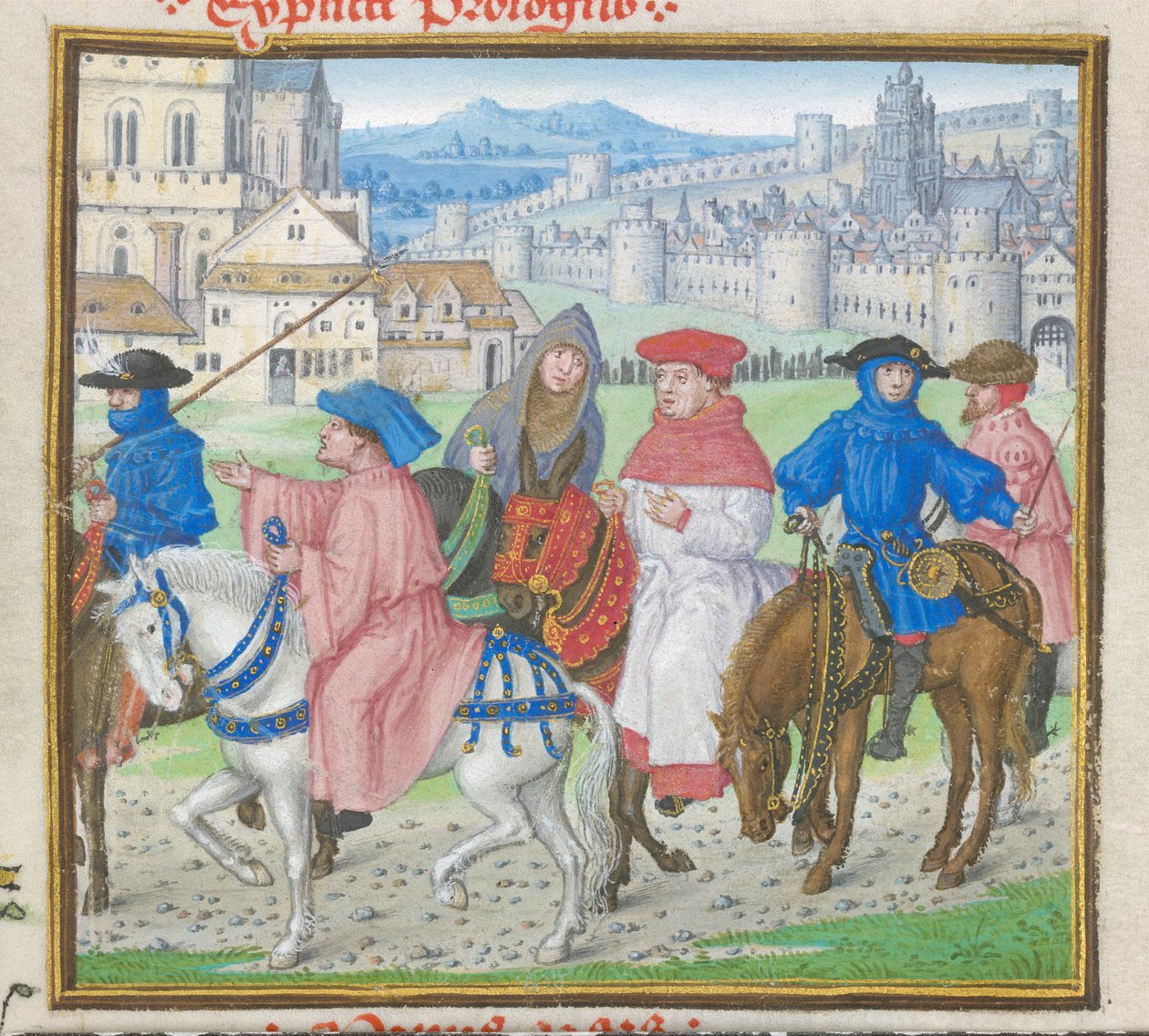 Royal 18 D II f.148 Lydgate and the Canterbury Pilgrims Leaving Canterbury fra 