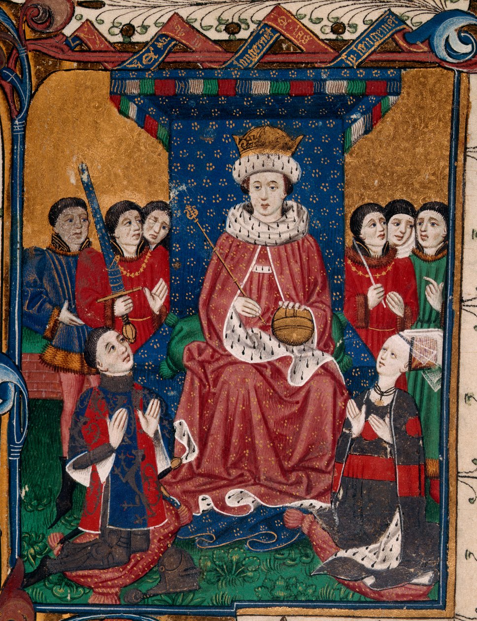 Royal 18 D. II fol.6, kong Edward IV omgitt av hoffmenn med Sir William Herbert og hans kone, Anne Devereux, iført klær dekorert med våpenskjoldene, knelende foran ham (bok 1) av English School