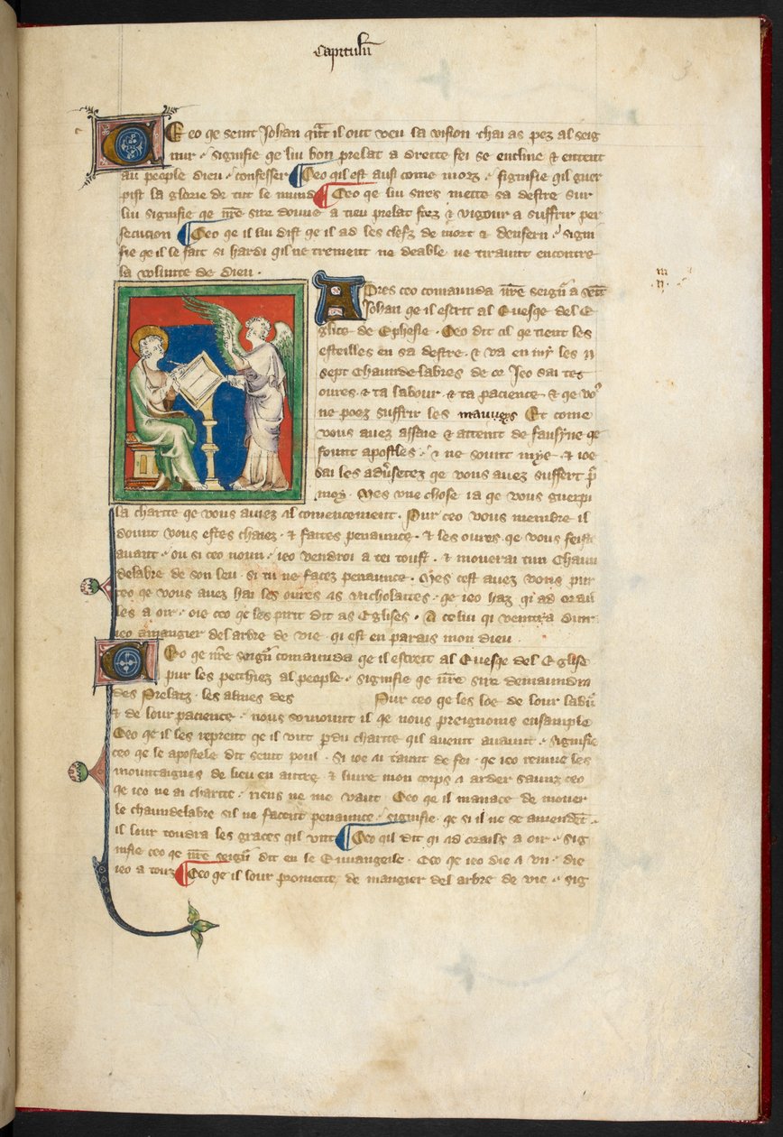 Kongelig 19 B.XV, f.3 Johannes sittende, skriver; en engel står bak skrivebordet hans, fra 'The Queen Mary Apocalypse', English School (1300-tallet) av English School