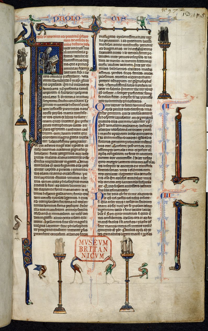 Royal 1 D I, f.1r, Jerome, brødre på søyler, fra Bibelen til William av Devon (vellum) av English School