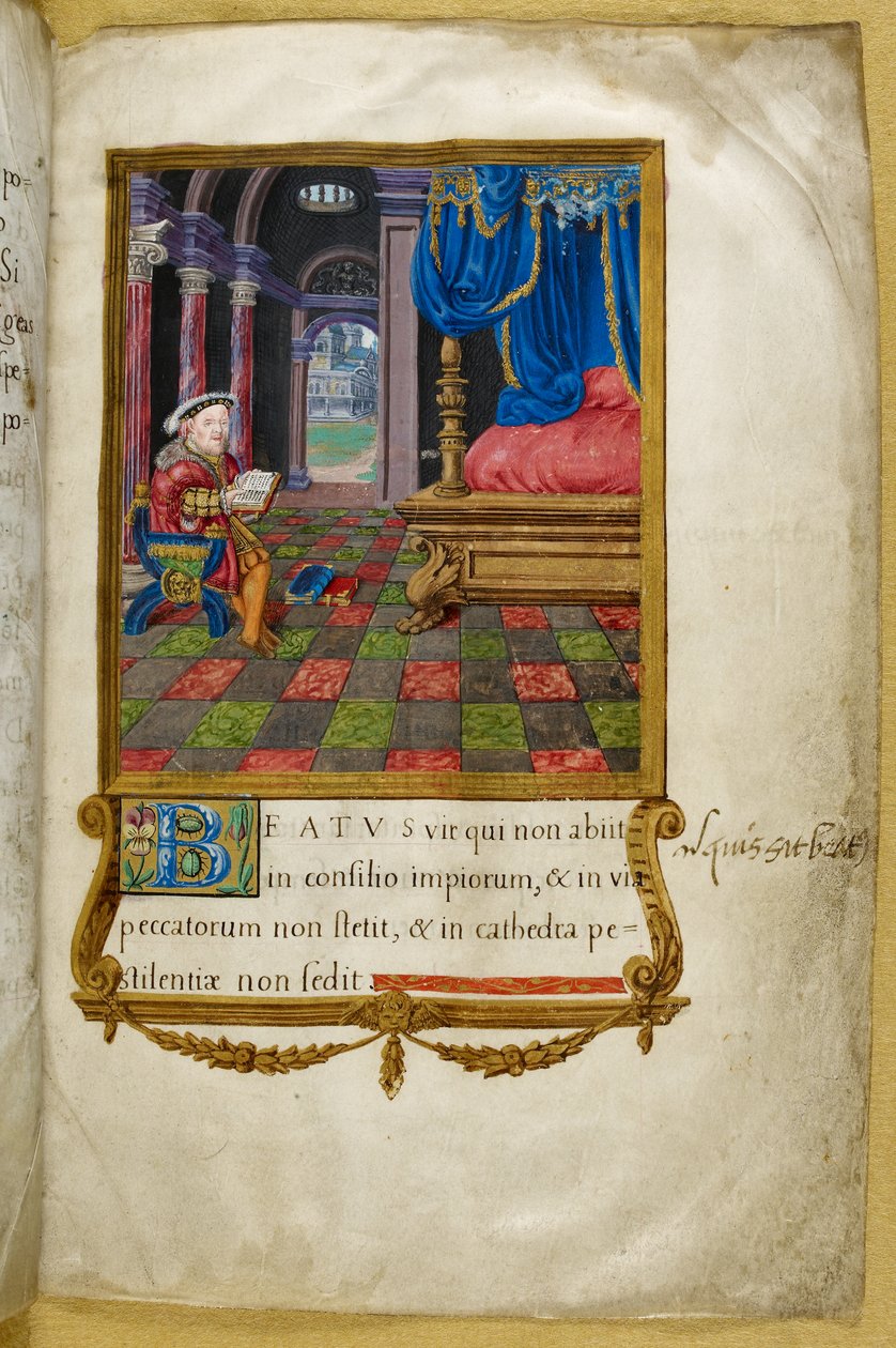 Royal 2 A. XVI, f.3 King Henry VIII sittende lesning, i hans sengekammer, illustrasjon fra 