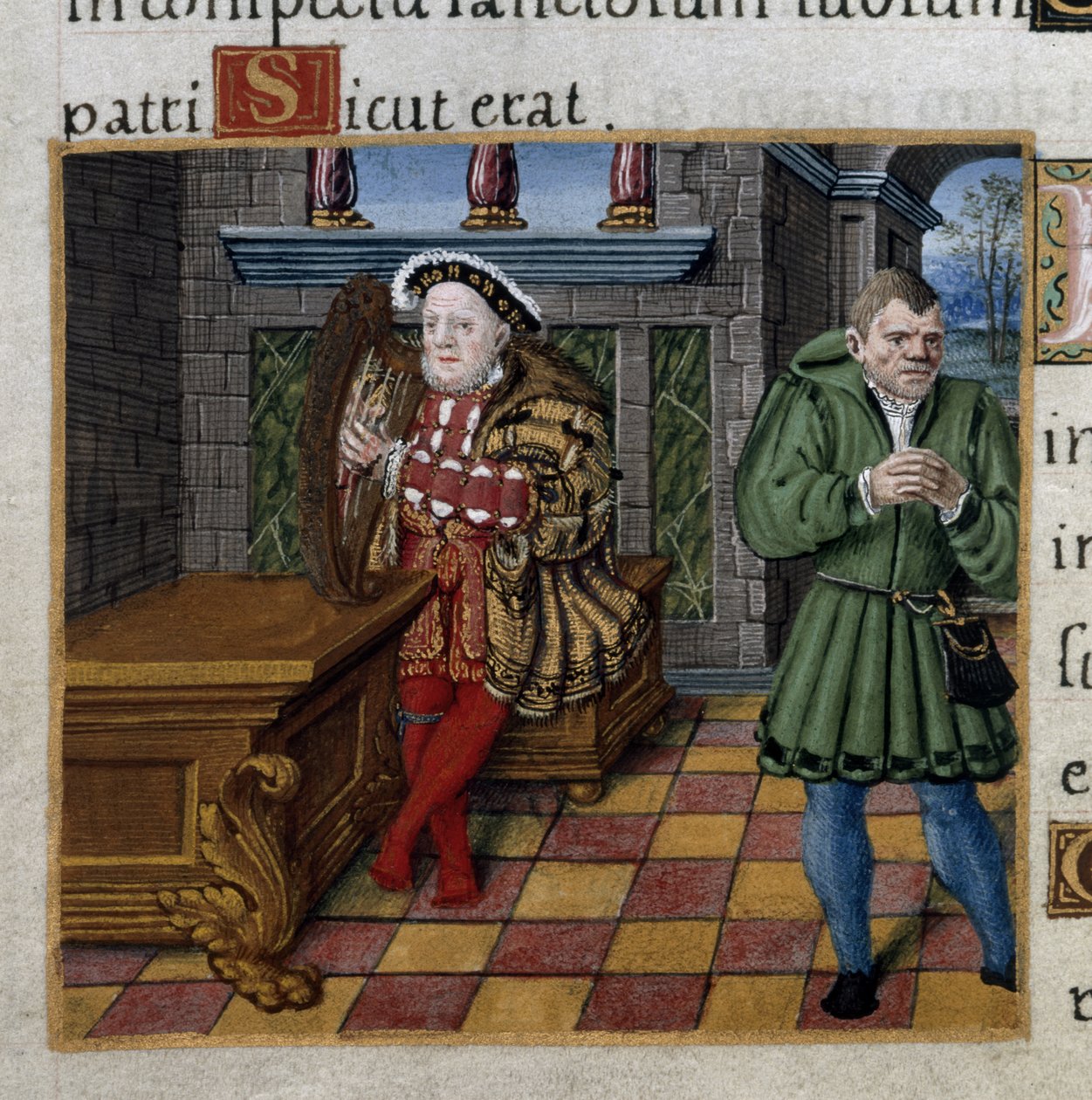 Royal 2 A. XVI, f.63v Henry VIII med en harpe og hans narr, William Somers, Salme 52, fra 