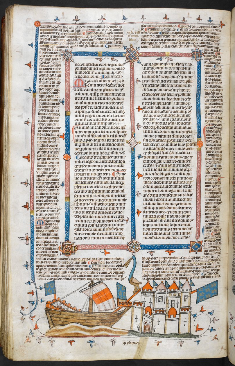 Royal MS 10 IV f.208v Naval angrep og marginaldekorasjon, illustrasjon fra 