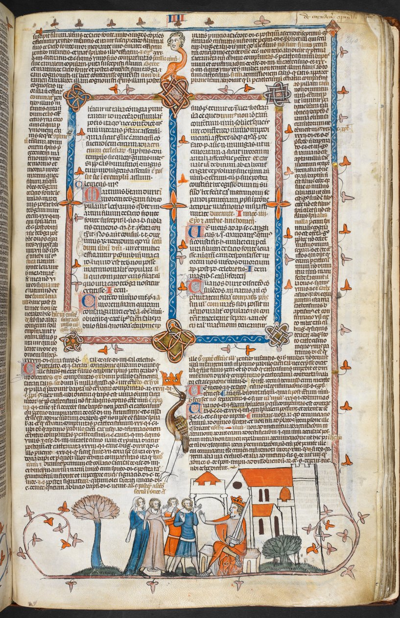 Royal MS 10 IV f.240r Konge forsvarer sitt palass og marginale dekorasjon, illustrasjon fra 'Smithfield Decretals' (vellum) av English School
