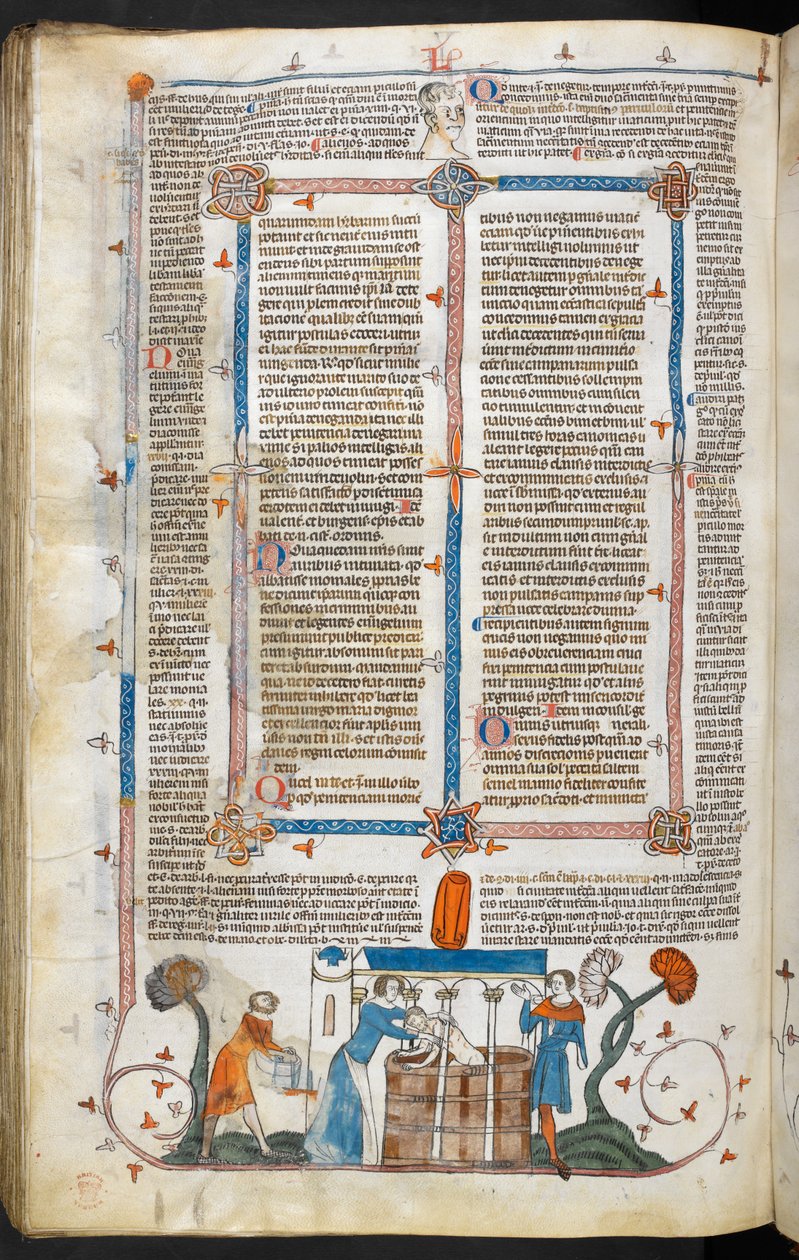 Royal MS 10 IV f.297v Bading av et pestoffer og marginaldekorasjon, illustrasjon fra 