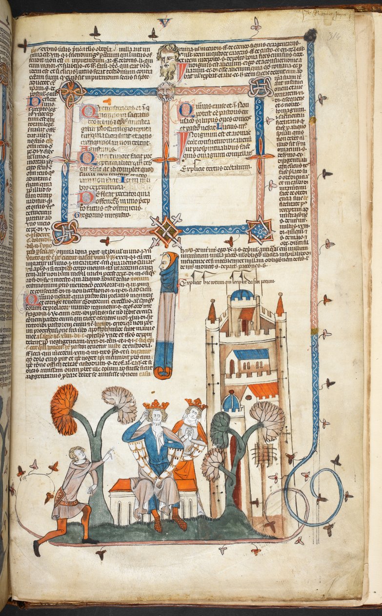 Royal MS 10 IV f.314r Kongen, Dronningen og deres slott med marginaldekor, illustrasjon fra 