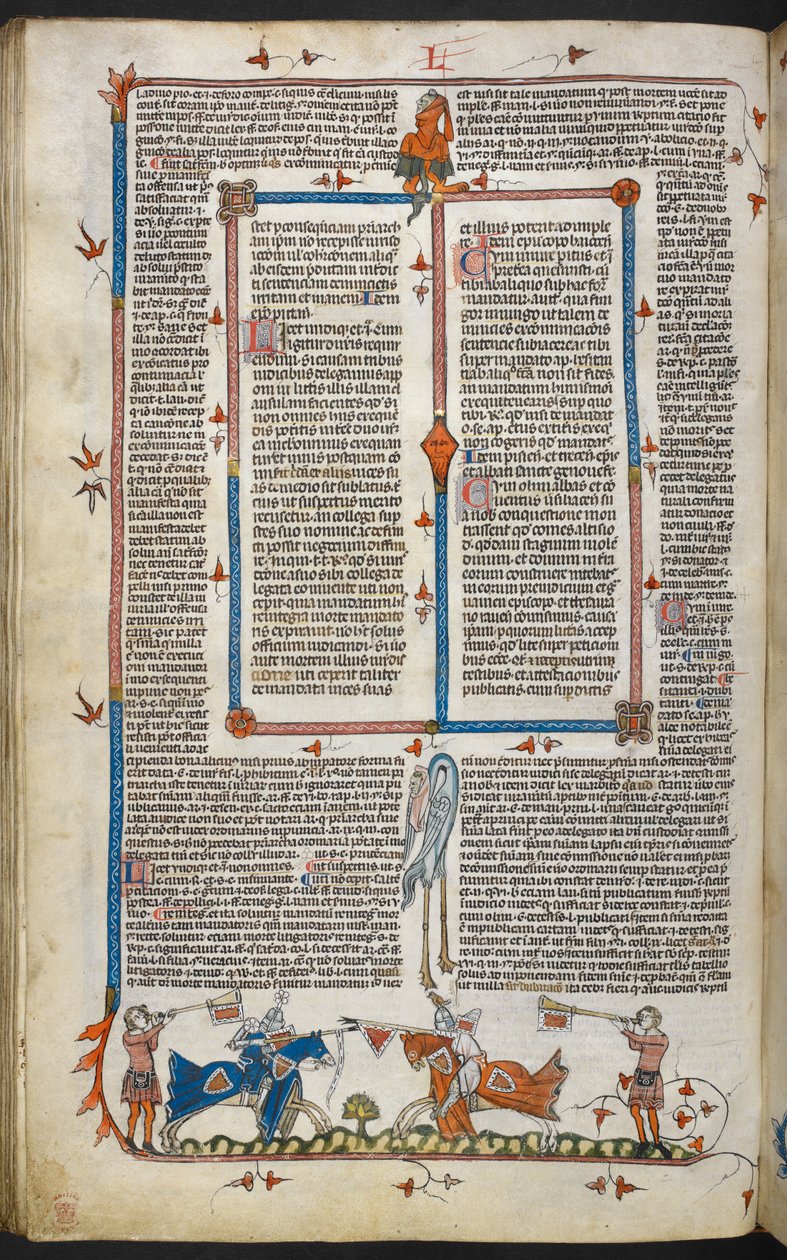 Royal MS 10 iv f.065v Knights Jousting med marginaldekor, illustrasjon fra 