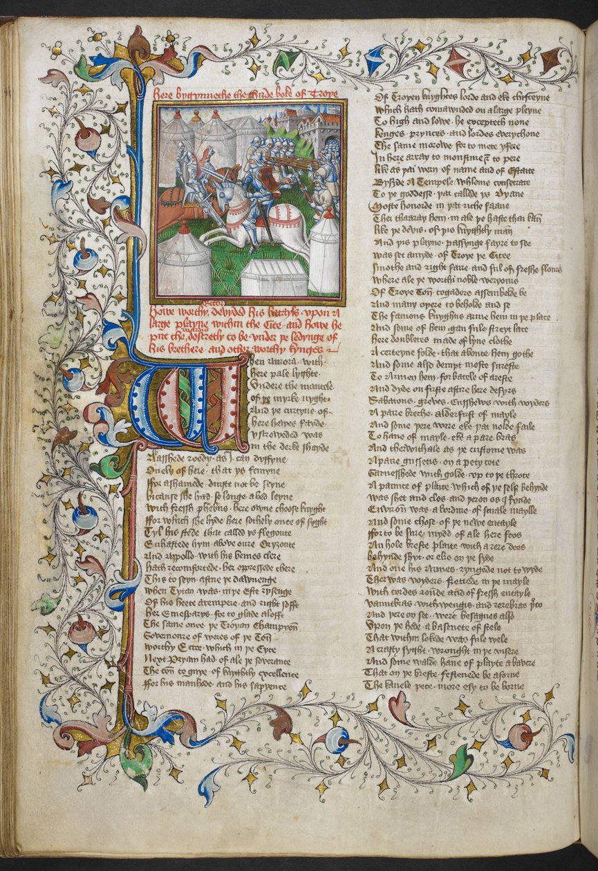 Royal MS 18 D II, f.66v, miniatyr av Hector som dreper Patroclus, med en opplyst initial 