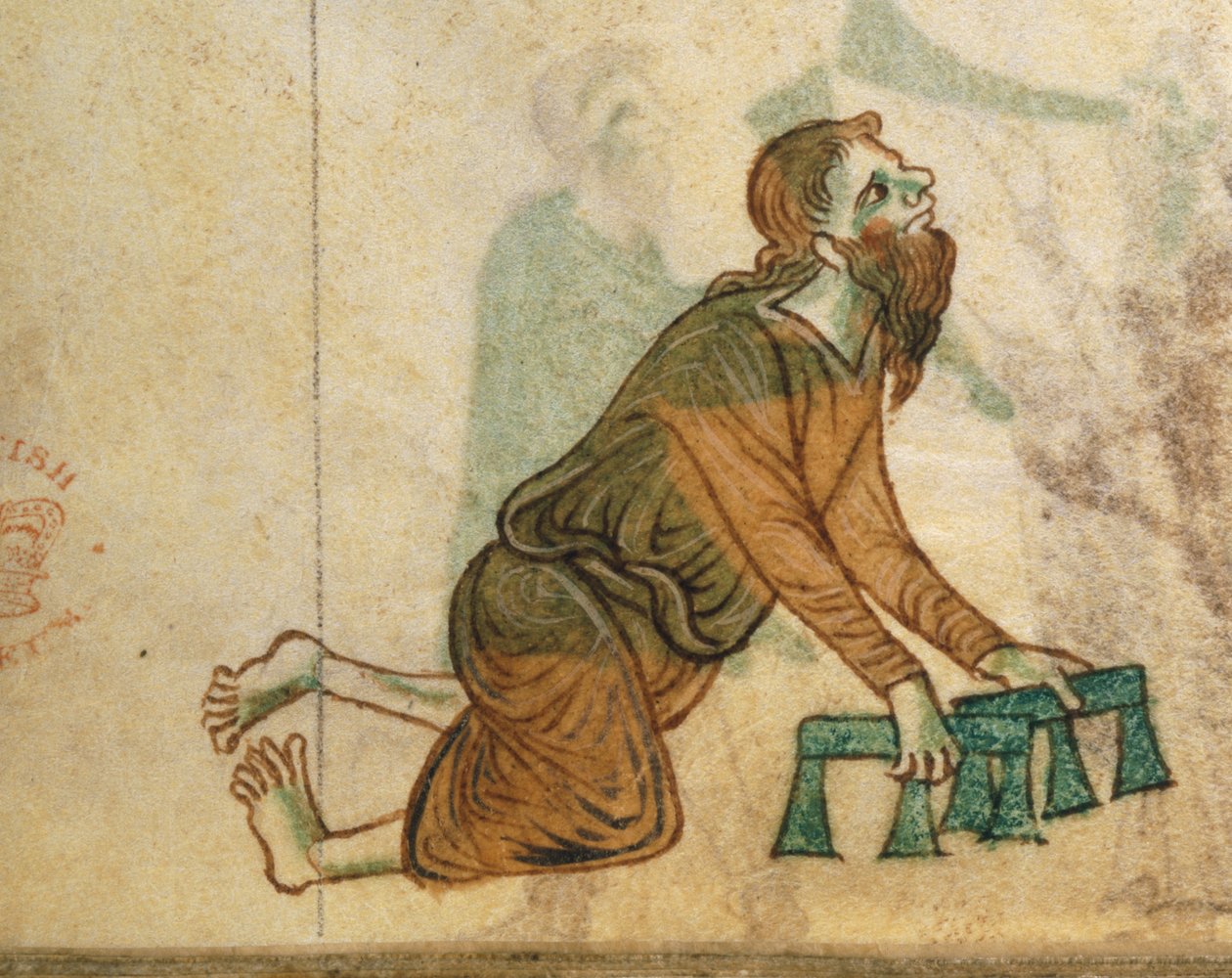 Royal Ms 13 B VIII fol.30v En forkrøplet mann som kryper på knærne, fra 