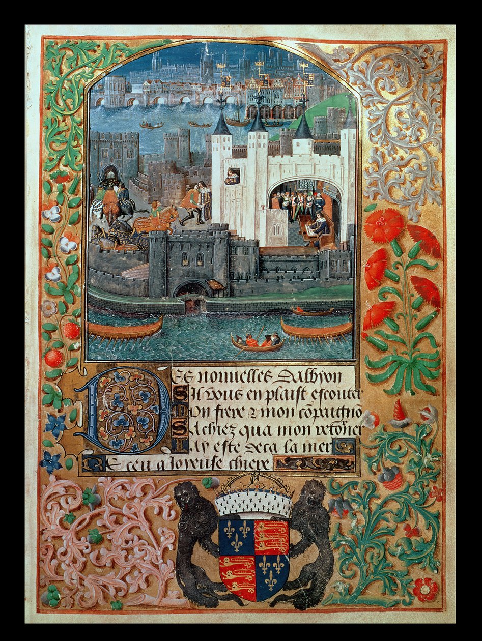 Royal Ms 16 F II, f.73: Tower of London and shipping, med Charles, Duke of Orleans sittende i Tower-skriften, fra Poems of Charles Duke of Orleans, ca. 1500 (vellum) av English School