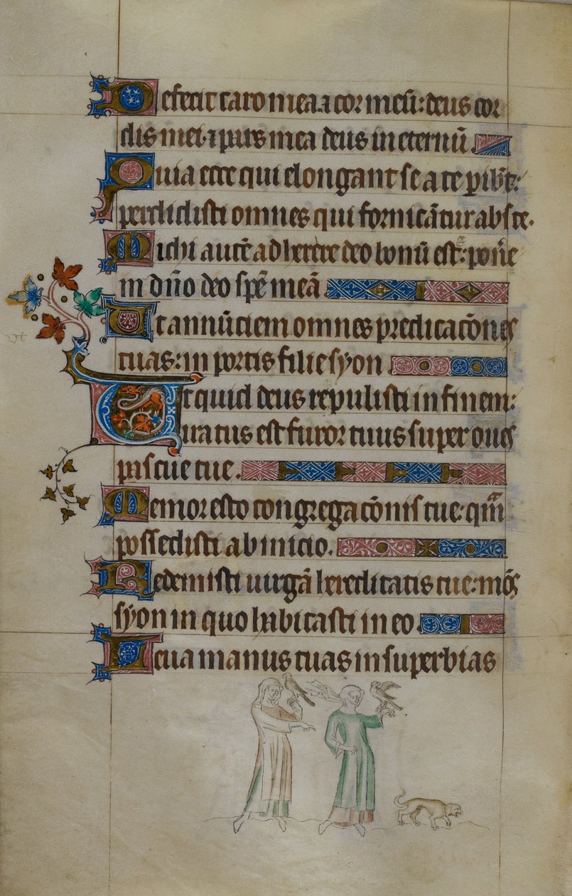 Royal ms 2_B VII f.177v Bas-de-page scene av to kvinner som bærer hauker, og en liten hund foran seg, med en bebodd initial, illustrasjon fra 