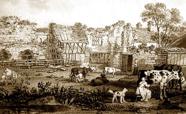 Ødelagt herregård med melkekyr, ca. 1800 (penn og sepia blekk på papir) av English School
