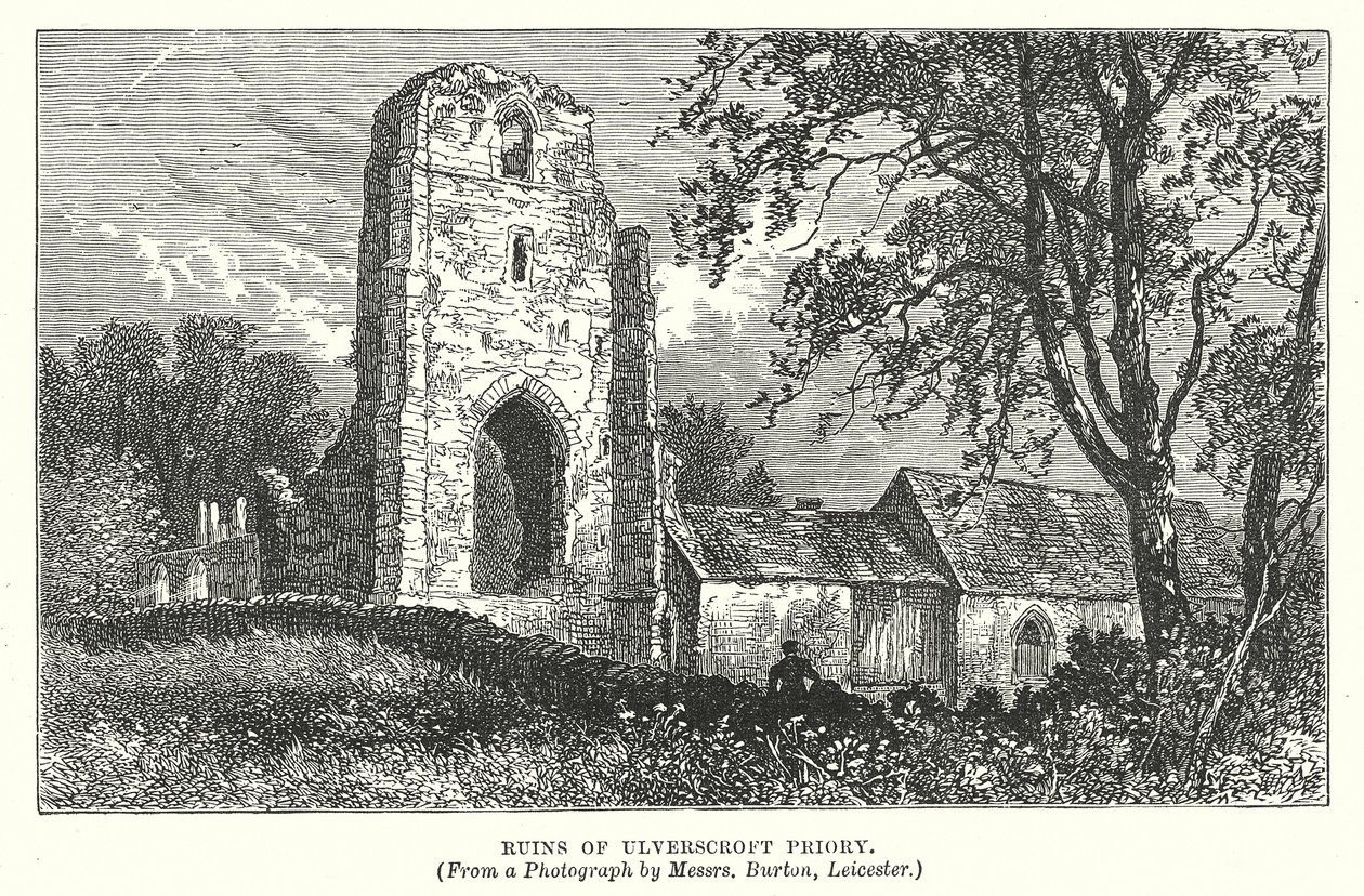 Ruinene av Ulverscroft Priory (gravering) av English School