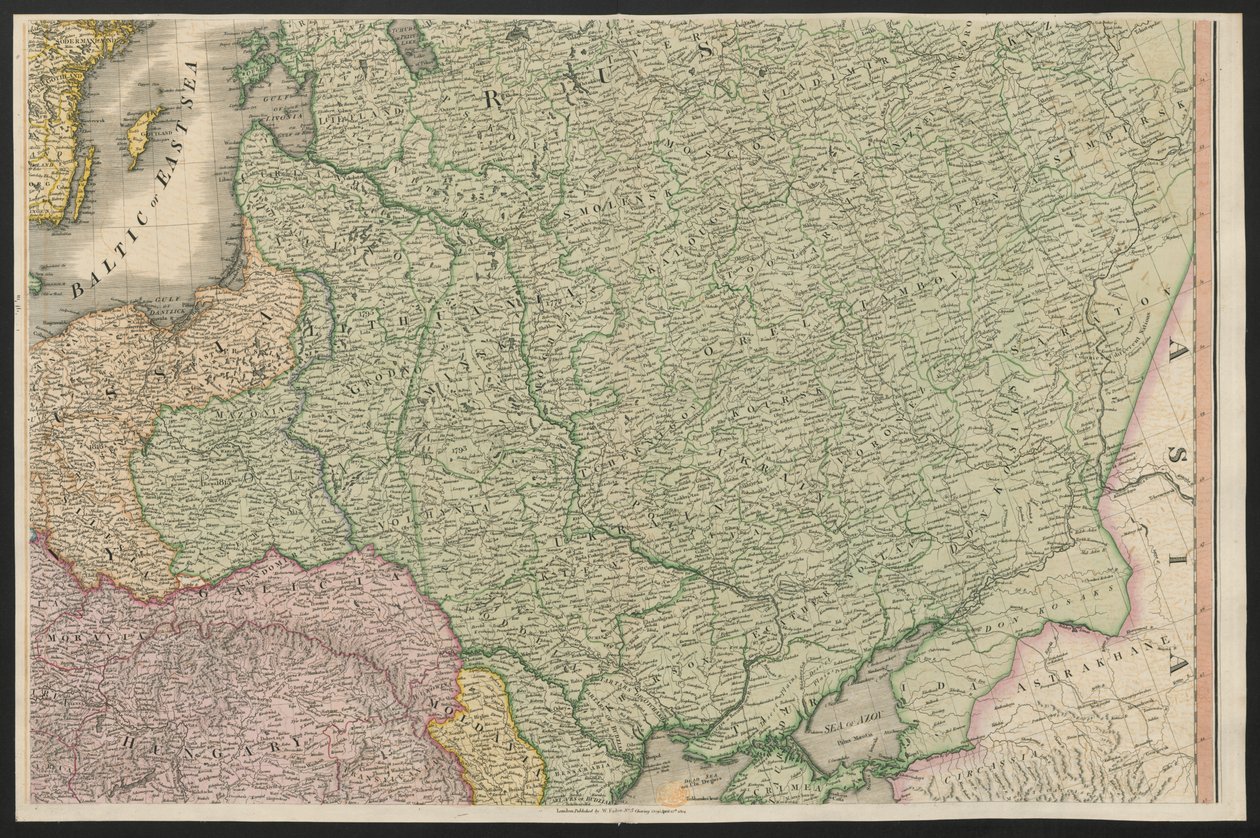 Russland, fra Europa, som beskriver alle endringene i territoriet, sammen med deres avvik i grenselinjene til dets flere imperier og stater som ble enige om og bekreftet av den definitive traktaten i Paris, 20. november 1815, publisert 1816 (farget graveri av English School