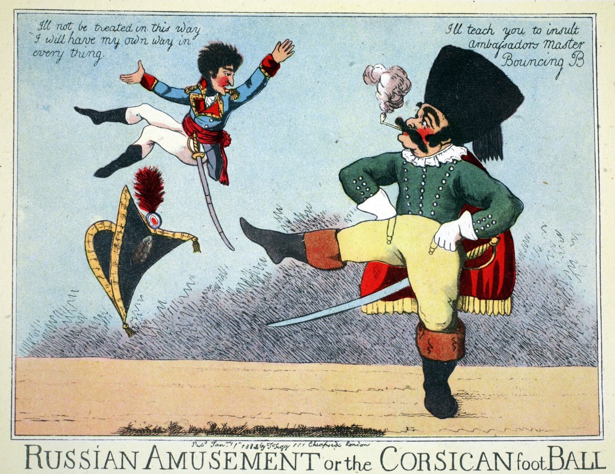 Russian Amusement eller den korsikanske fotballen, pub. av Thomas Tegg, Cheapside, London, januar 1814 (håndfarget gravering) av English School