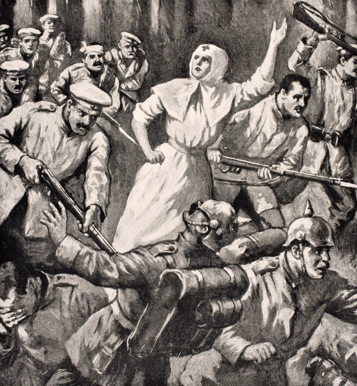 Den russiske sykepleieren Mira Miksailovitch Ivanoff leder menn mot tyskere, 1915, fra 