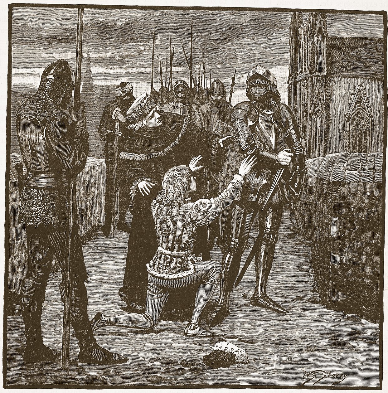 Rutland ber Clifford om å spare livet hans, illustrasjon fra Cassells Illustrated History of England (sepiafoto) av English School